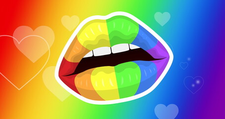 Image of rainbow lips and hearts over rainbow background
