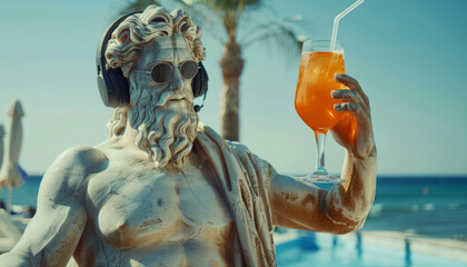 a sculpture of a tourist in sunglasses with musical headphones and a cocktail in his hands rests on the sea beach.