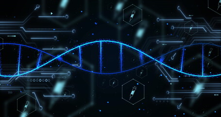 Image of icons, dna strand over data processing