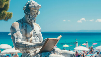 A stone sculpture of a philosopher with a book in his hands listens to music on the beach of a European resort.