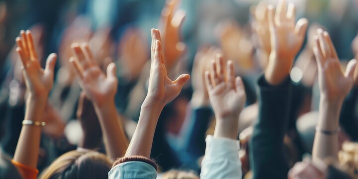 lot of business people hands raised up