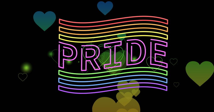 Naklejki Image of pride text, flag and rainbow hearts