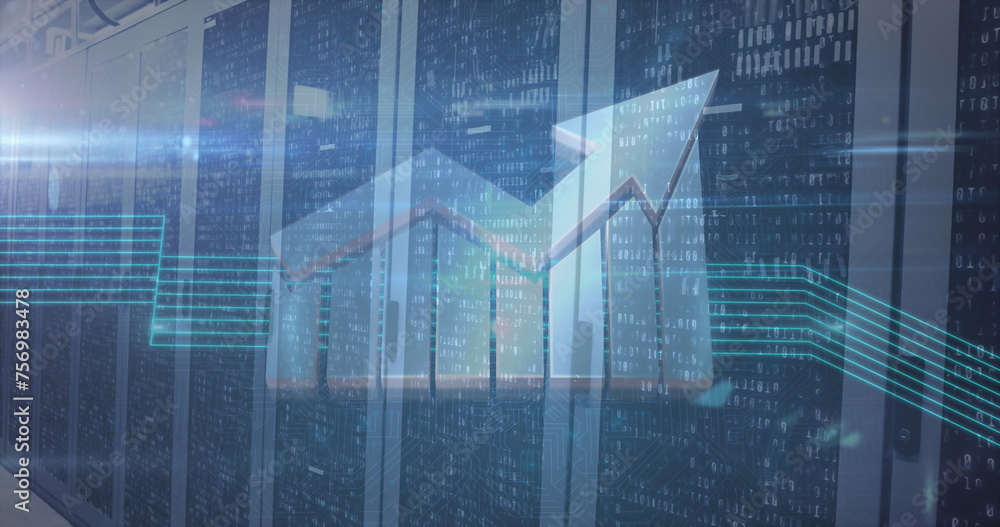 Poster image of an arrow with blue lines over multiple screens in a server room
