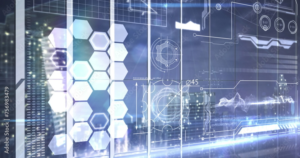 image of shapes numbers and graphs on multiple screens