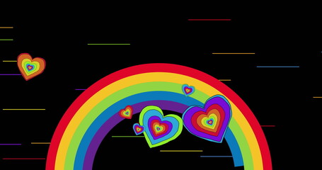 Image of rainbow hearts over rainbow on black background