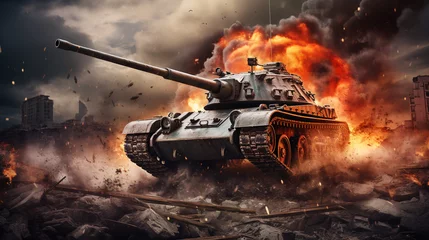 Tuinposter War Concept. Military silhouettes, fighting scene on war fog, Attack scene. Armored vehicles. Tanks battle. Tanks in the fire. Military silhouettes, Tanks destroyed by war. © Nadezhda