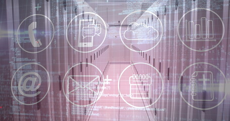Image of technological icons data and information in a server room