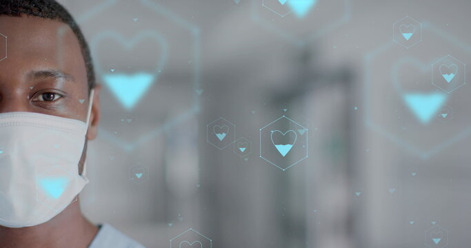 Image of network of medical icons and data processing over african american female doctor - Powered by Adobe