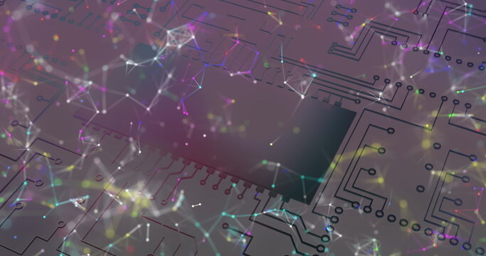 Image of colourful shapes floating over microprocessor connections - Powered by Adobe