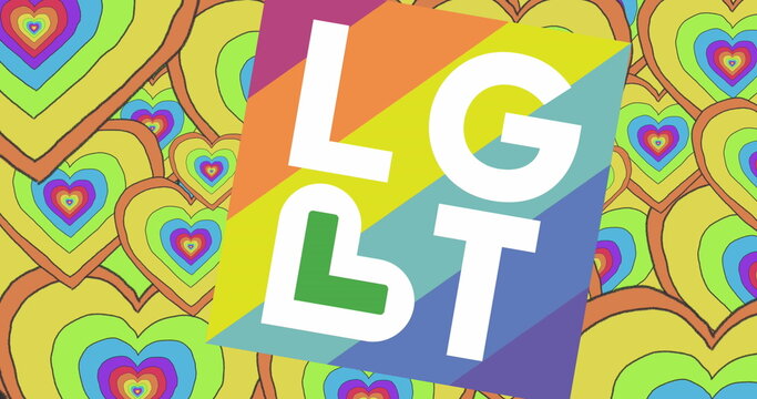Image of lgbt text and rainbow hearts