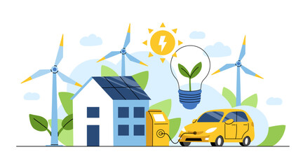 Renewable energy concept. Vector illustration of clean electric energy from renewable sources, sun, and wind. Sustainable green energy, renewable energy sources, and green electricity