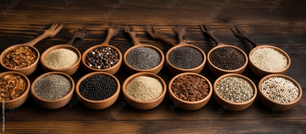 Aufkleber an array of exotic spices displayed in wooden bowls on a rustic wooden table, creating a colorful an