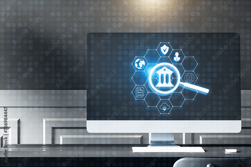 Poster Close up of computer monitor with creative glowing hexagonal online banking hologram on screen. Workplace background. Online payment, shopping and account concept. 3D Rendering.