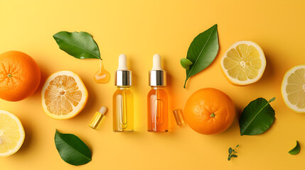 Bottles of Serum of Vitamin C and Orange Lemon - Skincare Essentials for Radiant Complexion and Natural Glow, Citrus Infused Beauty Products for Healthy Skin, Generative AI

