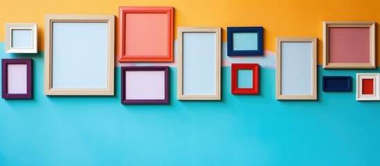 A variety of picture frames, rectangular in shape, displaying art in magenta and electric blue colors, creating a symmetrical pattern on the wall