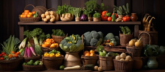 A shelf filled with an assortment of plantbased ingredients, including fruits and vegetables, creating a natural foods display perfect for a local cuisine event
