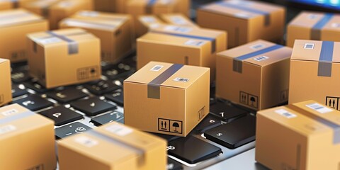 cardboard boxes on laptop, online delivery