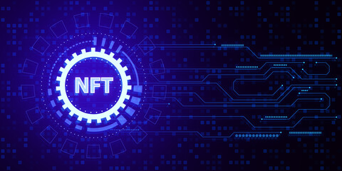 Creative round nft hologram on digital blue circuit backdrop. Non-fungible token and digital blockchain artwork concept. 3D Rendering.