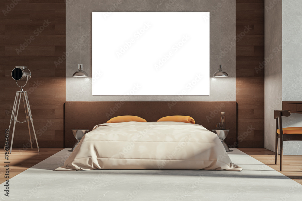 Poster modern loft bedroom interior with empty white mock up banner. 3d rendering.