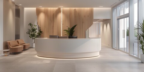 Wooden reception table standing on a concrete floor of an open plan office or shop