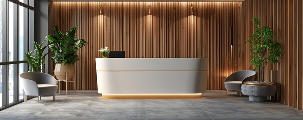 Wooden reception table standing on a concrete floor of an open plan office or shop