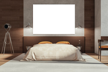 Modern loft bedroom interior with empty white mock up banner. 3D Rendering.