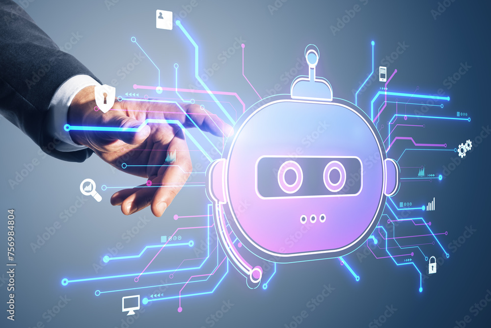 Poster Close up of man hands pointing at creative robot hologram on blurry background. Chat GPT and ai, customer support and bot concept.
