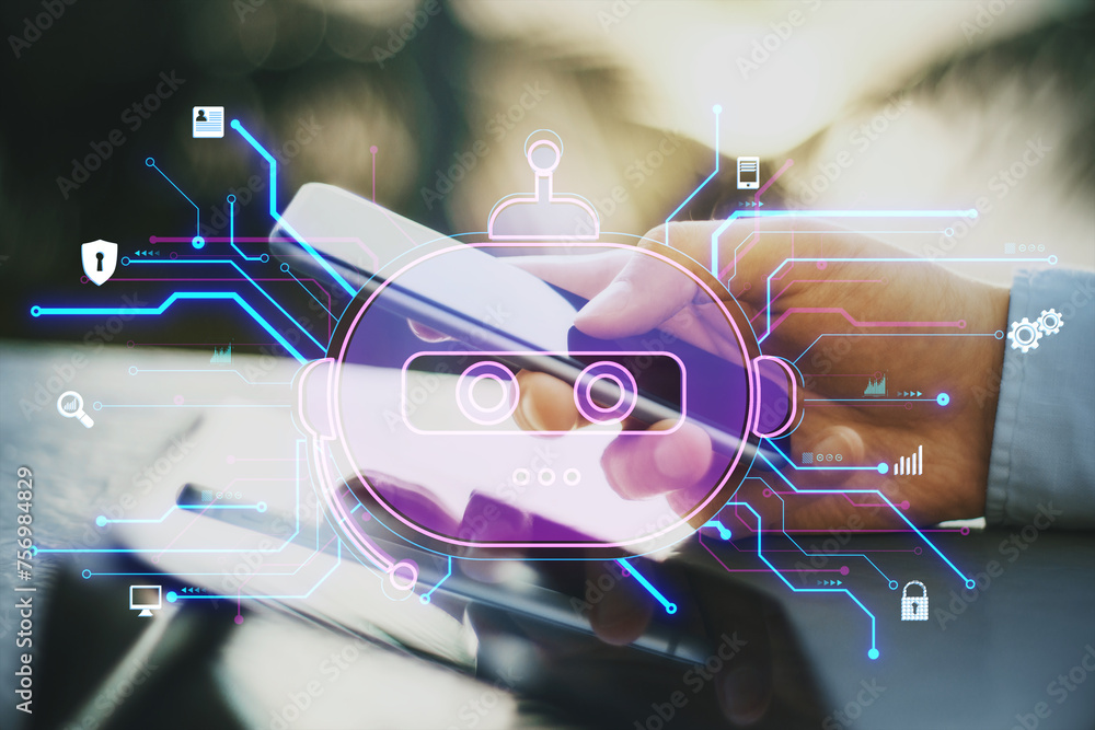 Aufkleber close up of male hand holding smartphone on desk with creative robot hologram on blurry background. 