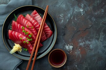 Sashimi set with tuna and shrimp trespass and a cup of soy sauce on a dark background - obrazy, fototapety, plakaty