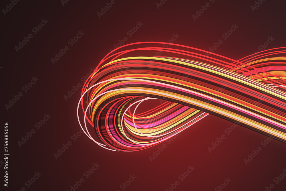 Poster Abstract 3D infinity loop with red and gold stripes on a crimson background. Perpetual motion concept. 3D Rendering