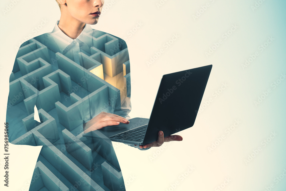 Poster portrait of thoughtful young businesswoman with laptop and abstract maze on white background with mo