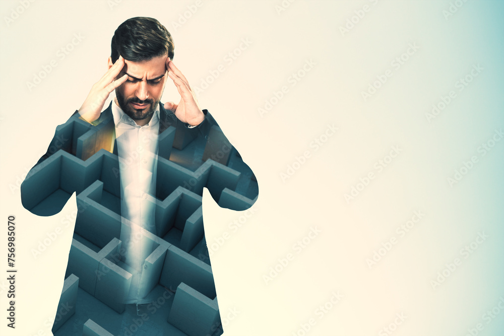 Poster portrait of thoughtful young pensive with abstract maze on white background with mock up place. solu