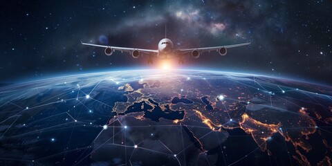 Cargo plane flies over the globe - obrazy, fototapety, plakaty