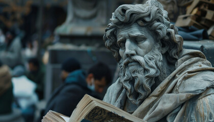 Fototapeta premium An ancient sculpture of a thinker with a book in his hands against the backdrop of ruins and poor beggars, education and teaching grammar.