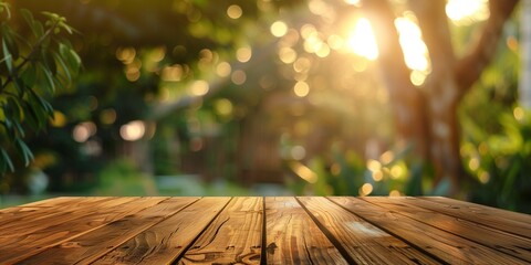 The empty wooden table with blur summer background - Powered by Adobe