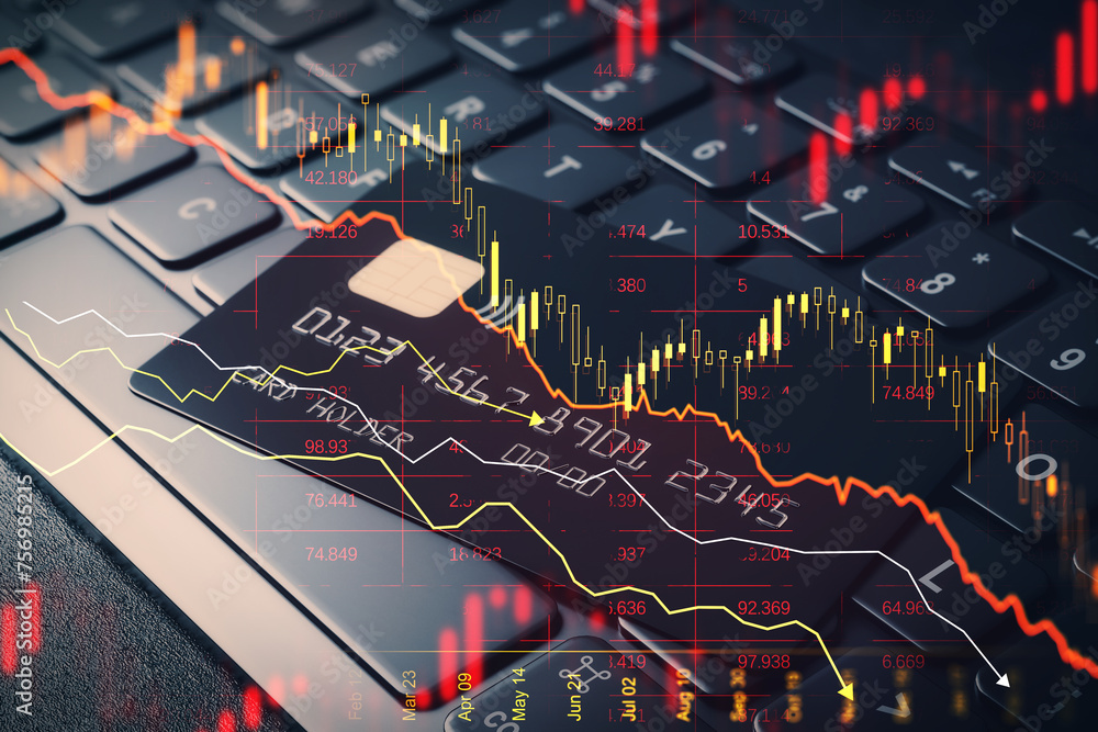 Poster close up of bank cards and laptop keyboard with abstract downward red forex chart on blurry backdrop