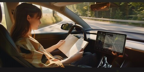 car autopilot. view of the drivers seat, a woman reading the book