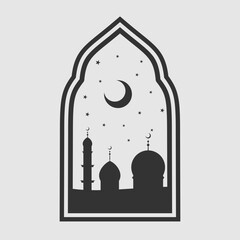 Mosque silhouette in night sky with crescent moon and stars. Ramadan Kareem celebration. Vector illustration.