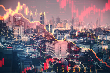 Abstract downward red forex chart on blurry city background. Crisis, recession and economic fall...