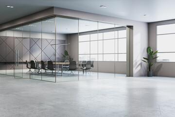 Modern glass and concrete meeting room office interior with panoramic city view. 3D Rendering.