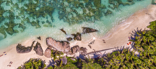 Seychelles, Africa. Panoramic aerial view of La Digue Island on a sunny day