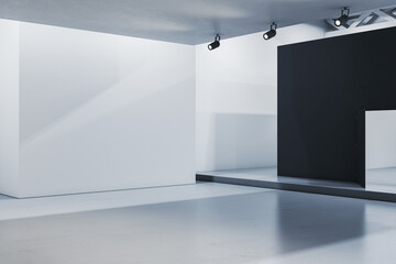 Contemporary gallery interior with mock up place on walls. 3D Rendering.