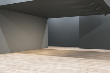 Dark gallery interior with concrete walls, mock up place and wooden flooring. 3D Rendering. - obrazy, fototapety, plakaty