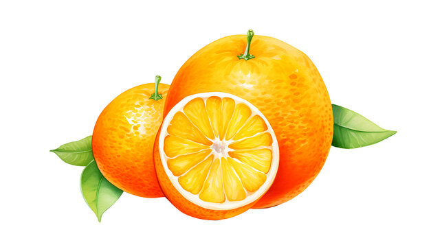 A vibrant image showcasing a whole orange, a half-sliced orange, and a small orange with fresh green leaves, all isolated on a Transparent background