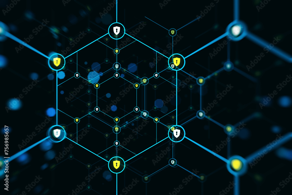 Leinwandbilder An abstract digital network with nodes and encryption icons in blue hues with light effects on a dark background. 3D Rendering