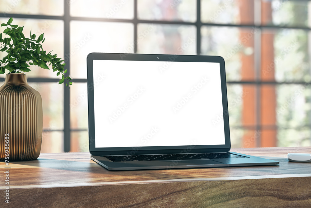 Poster stylish laptop mockup on wooden table with natural background through window. 3d rendering