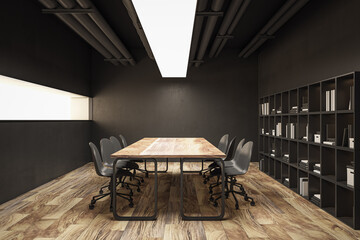Modern wooden meeting room office interior. Workplace concept. 3D Rendering.