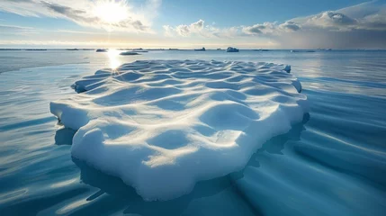 Foto op Plexiglas Sunrise casts a serene glow over a textured ice floe in the Arctic, symbolizing the tranquil yet changing landscape of polar regions. © AI Art Factory