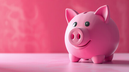 A smiling pink piggy bank stands on a bright pink background, representing savings, financial security, and investment concepts.