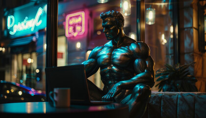 Fototapeta premium Bronze sculpture of a muscular man working on a laptop in a cafe, modern art.